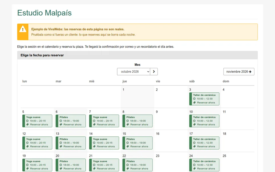 Ejemplo de reservas de clases y actividades: Estudio Malpaís