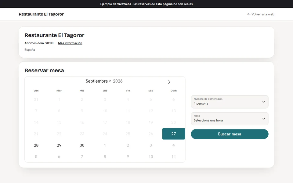 Ejemplo de reservas de mesas: Restaurante El Tagoror