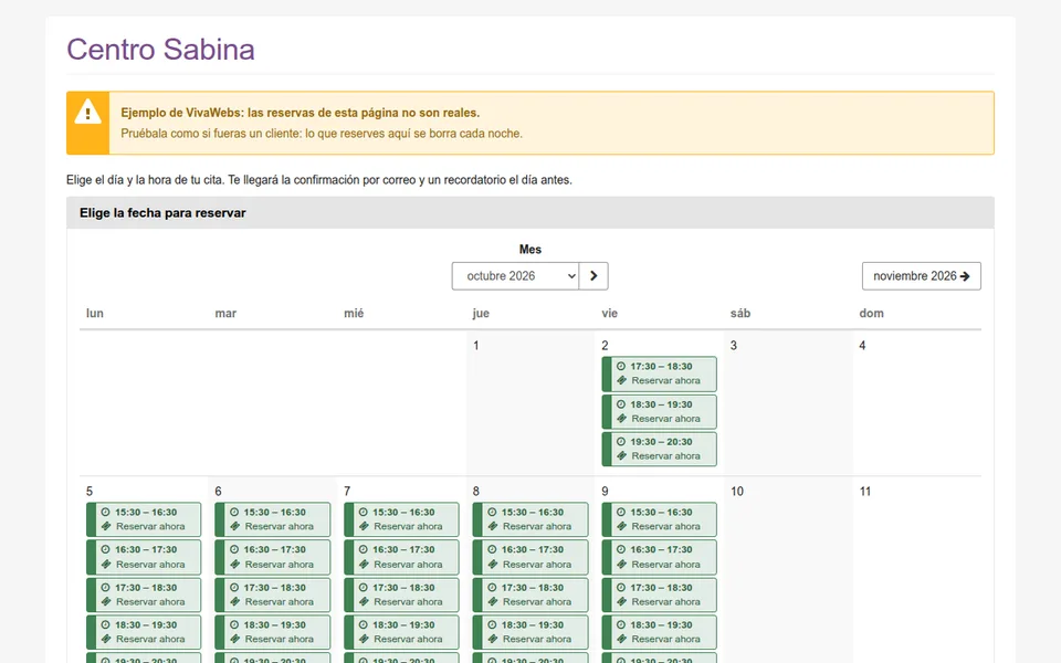 Ejemplo de reservas de salas y espacios: Centro Sabina