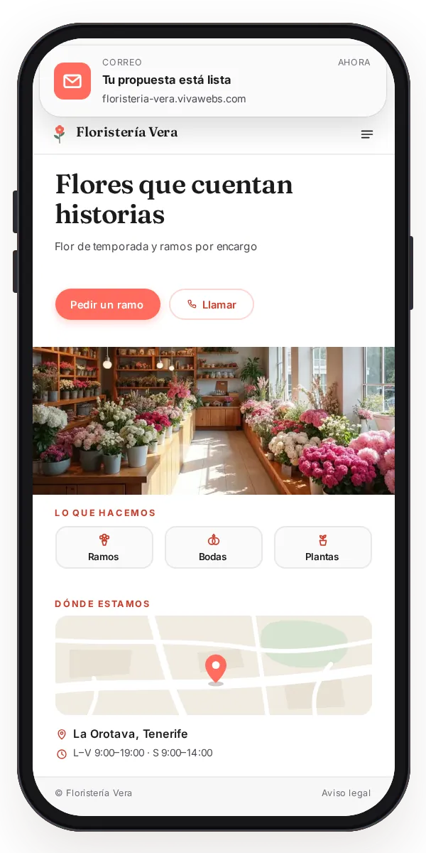 La tarjeta de visita de una floristería convertida en su web, en un móvil